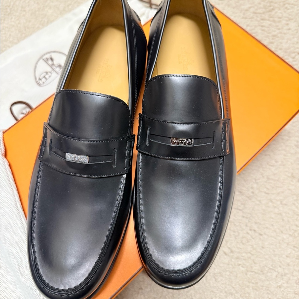 New Hermes Black Leather Slip-On Loafers